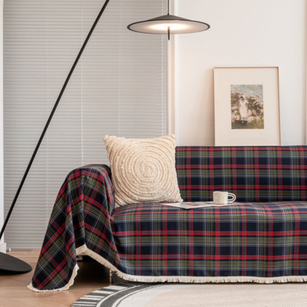Hearthline Cottage Plaid Sofa Cover Navy Plaid