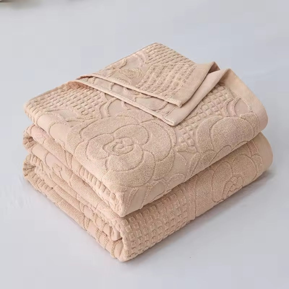 Flora Terry Cotton Weave Blanket Beige Bloom