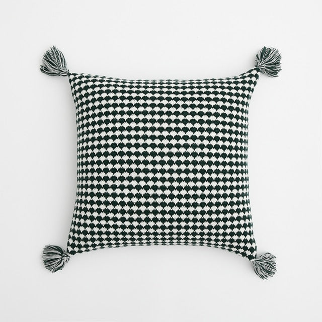 Herringbone Knit Pillow Covers with Tassel Detail Green