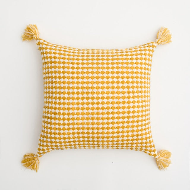 Herringbone Knit Pillow Covers with Tassel Detail Yellow