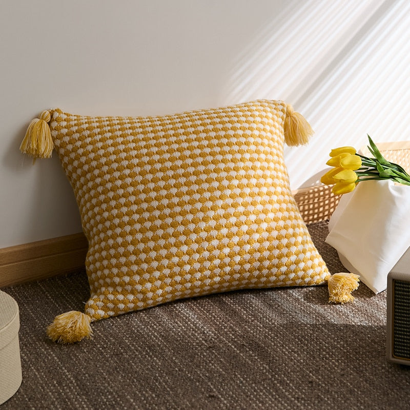 Herringbone Knit Pillow Covers with Tassel Detail