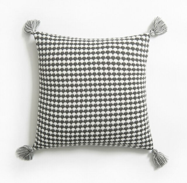 Herringbone Knit Pillow Covers with Tassel Detail Grey
