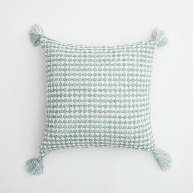 Herringbone Knit Pillow Covers with Tassel Detail Mint