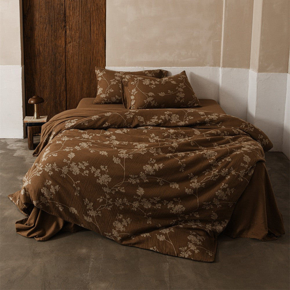Cotton Gauze 4-Piece Bedding Set — Brown Floral Duvet Cover