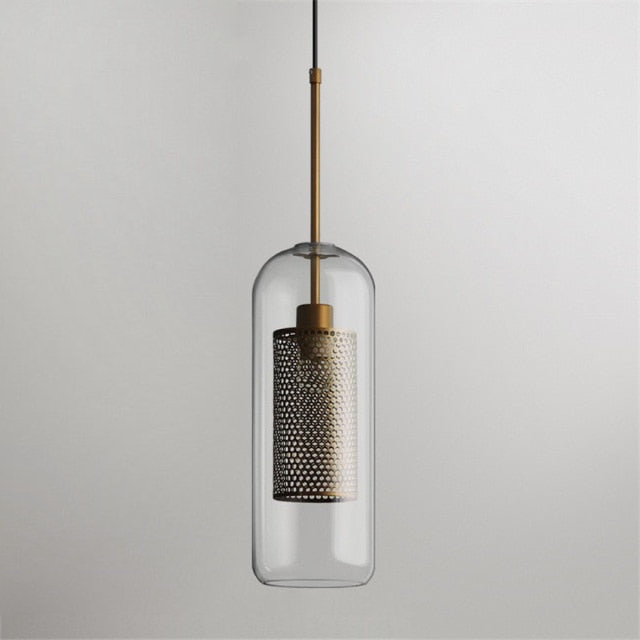 Honeycomb Glass & Metal Pendant Light Brass Cylinder Large