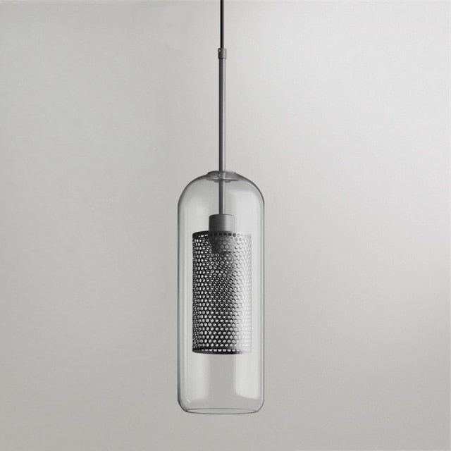 Honeycomb Glass & Metal Pendant Light Silver Cylinder Large