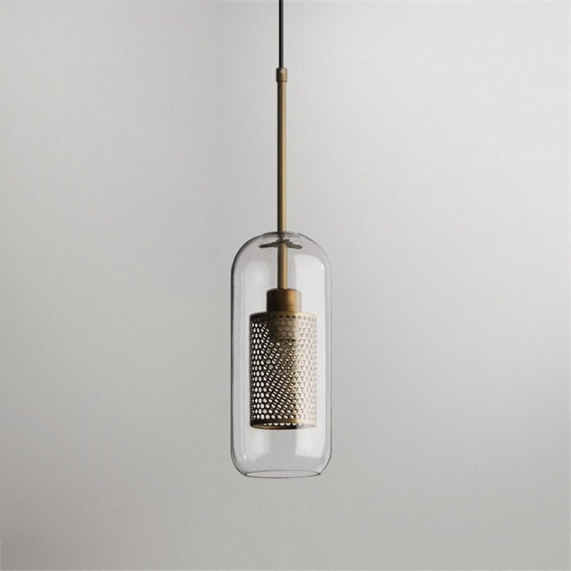 Honeycomb Glass & Metal Pendant Light Brass Cylinder Medium
