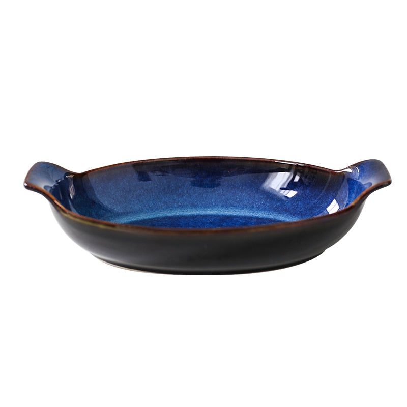 Indigo Oval Serving Plates with Handles