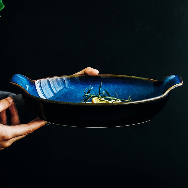 Indigo Oval Serving Plates with Handles