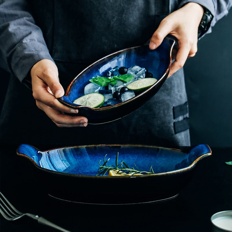 Indigo Oval Serving Plates with Handles