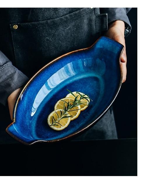 Indigo Oval Serving Plates with Handles