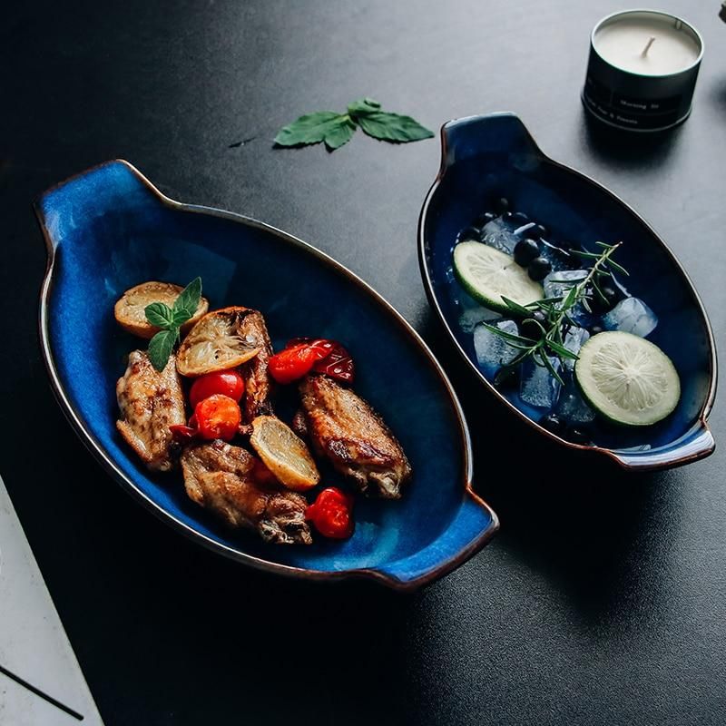 Indigo Oval Serving Plates with Handles