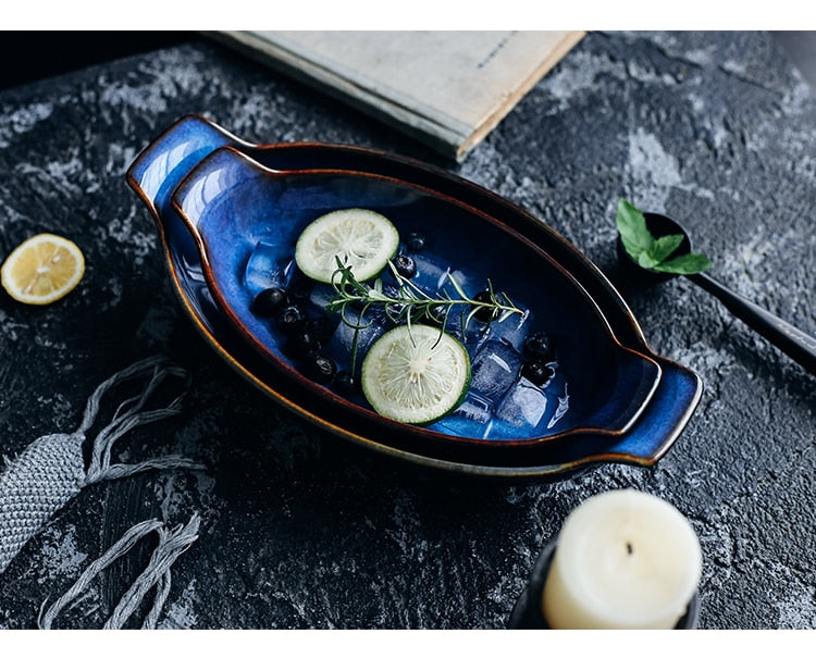 Indigo Oval Serving Plates with Handles