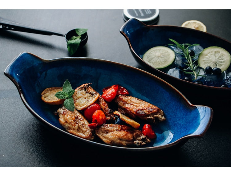 Indigo Oval Serving Plates with Handles