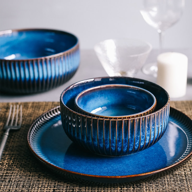 Indigo Stripe Ceramic Porcelain Bowls