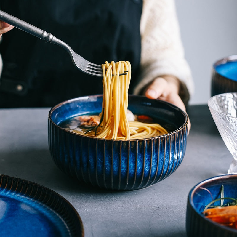 Indigo Stripe Ceramic Porcelain Bowls