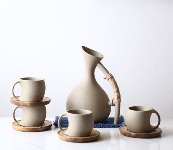 Izu Ceramic Pitcher & Cups Jug & 4 Cup Set with Coasters