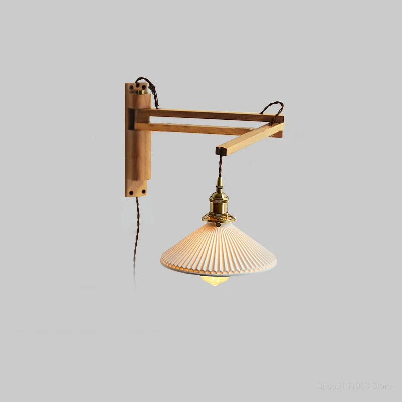 Elmwood Adjustable Arm Wall Lamp Straight Beam Natural Walnut | Fluted White