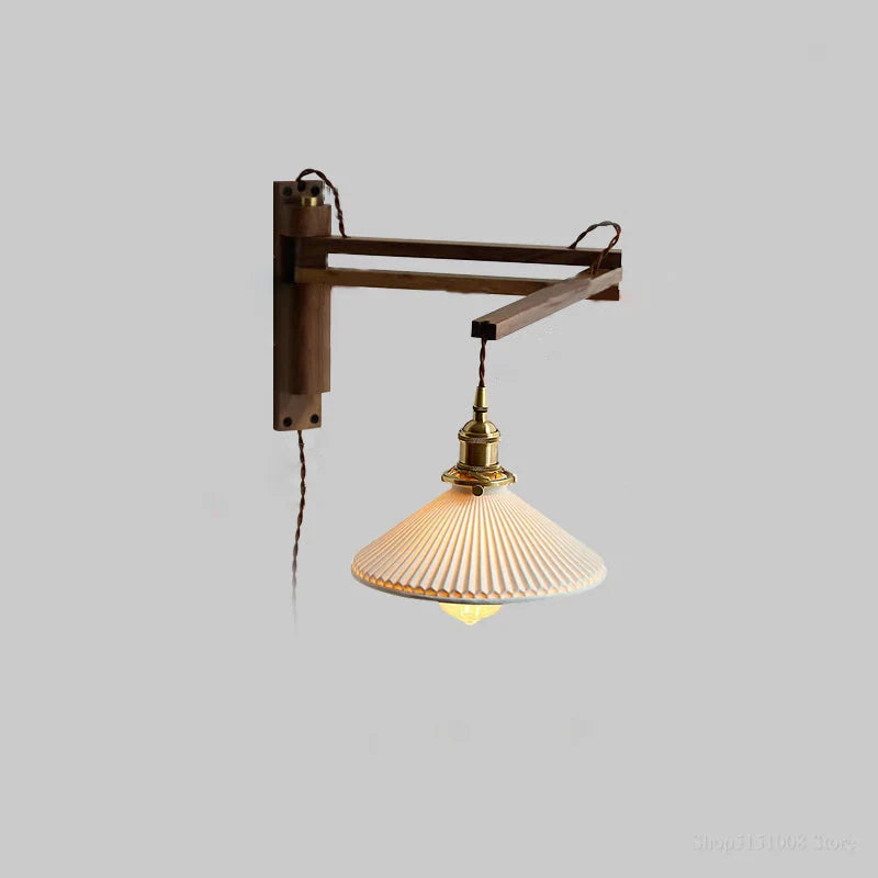 Elmwood Adjustable Arm Wall Lamp Straight Beam Dark Walnut | Fluted White