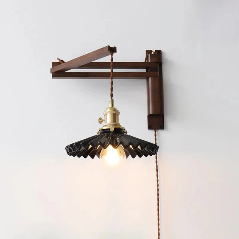 Elmwood Adjustable Arm Wall Lamp Straight Beam Dark Walnut | Black Shade