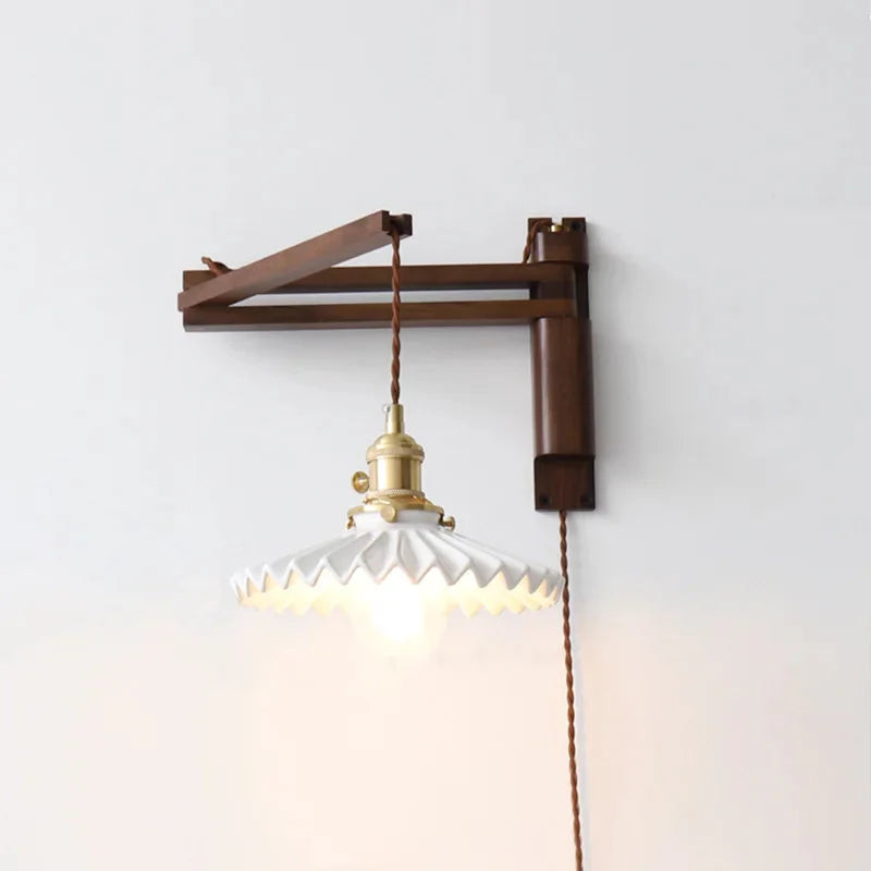 Elmwood Adjustable Arm Wall Lamp Straight Beam Dark Walnut | Pleated White