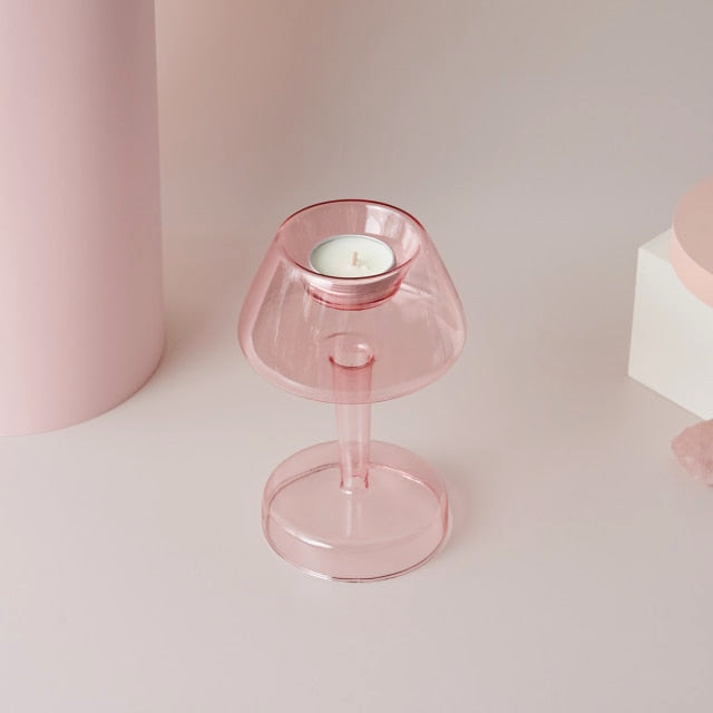 Jelly Pink Glass Candle Holders Shroom