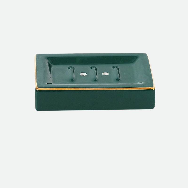Jenna Ceramic & Gold Trim Soap Holder Tray Evergreen Rectangle