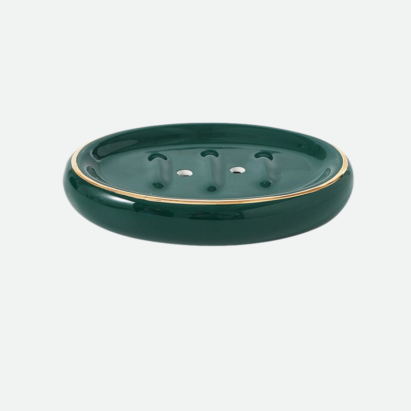 Jenna Ceramic & Gold Trim Soap Holder Tray Evergreen Oval
