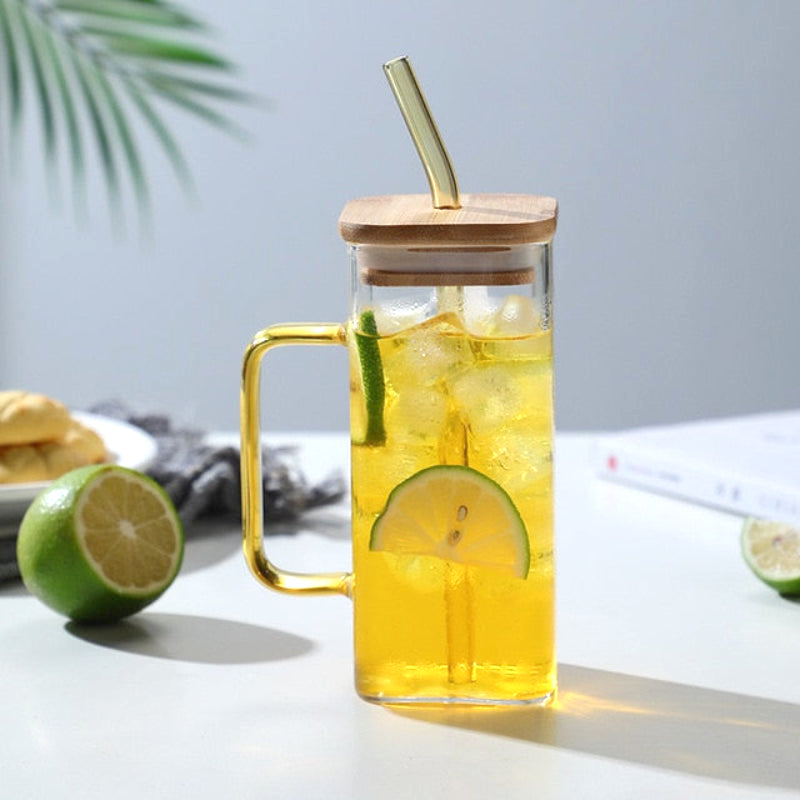June Travel Glass Mug with Wooden Lid & Straw Cup w Lid & Straw Yellow