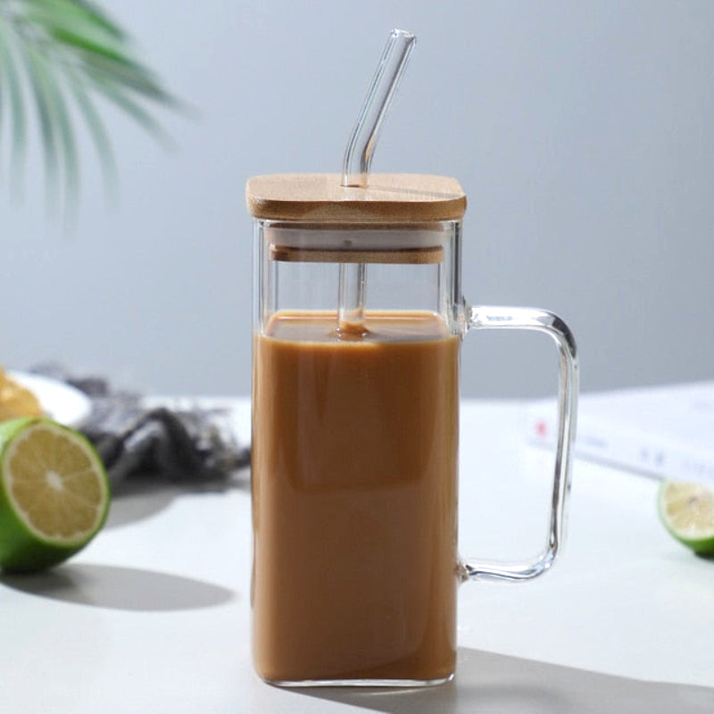 June Travel Glass Mug with Wooden Lid & Straw Cup w Lid & Straw Clear