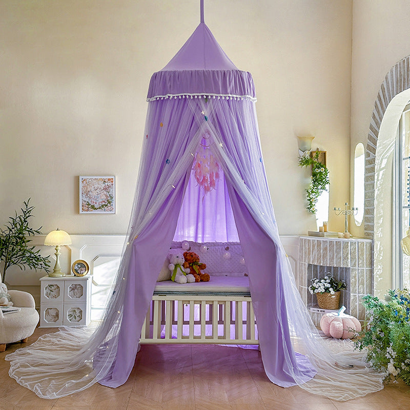 Kids Bed Canopy – Double Layer Draped Design Purple - pom-pom trim