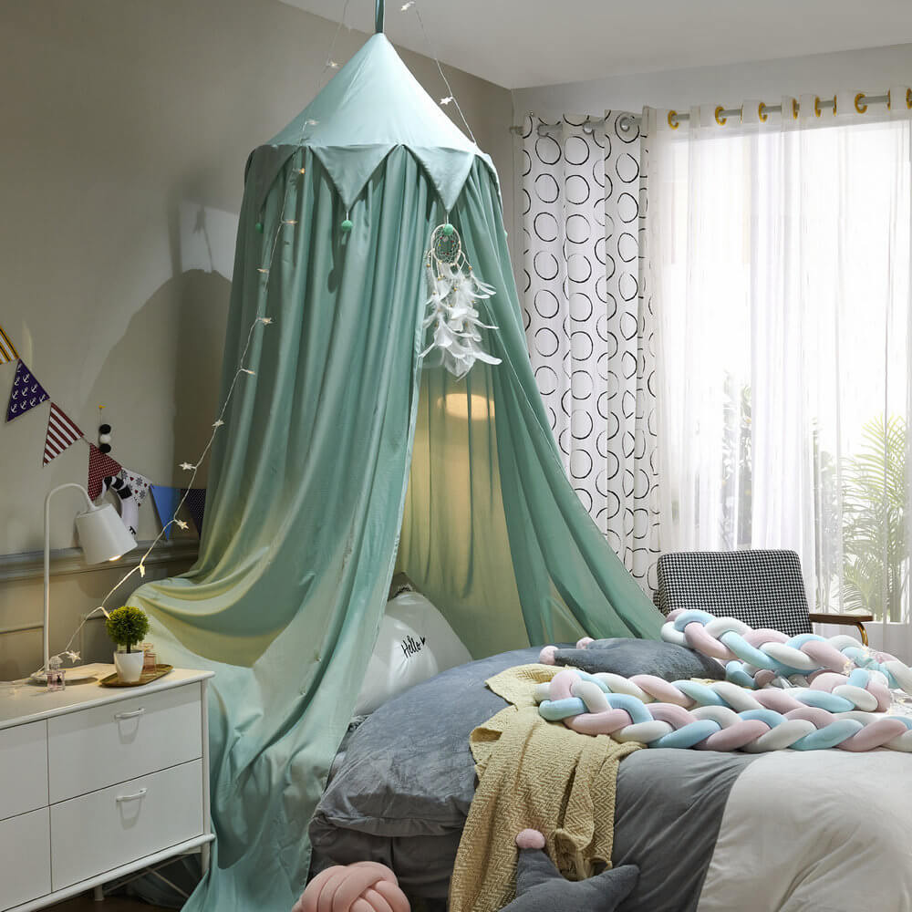 Kids Bed Canopy — Falbala Triangular Ruffle with Pom-Poms Green