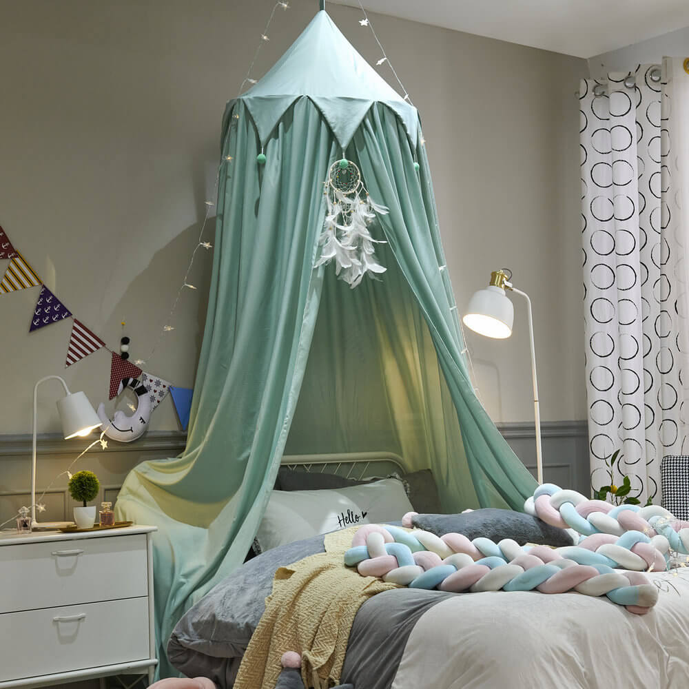 Kids Bed Canopy — Falbala Triangular Ruffle with Pom-Poms