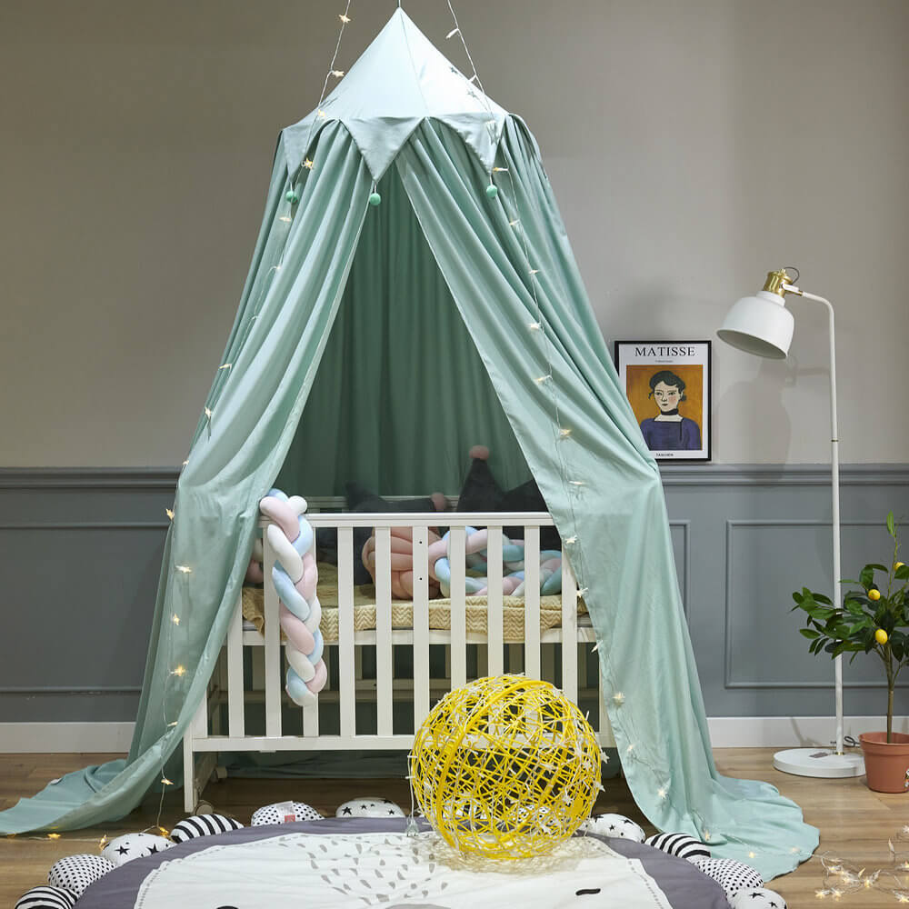 Kids Bed Canopy — Falbala Triangular Ruffle with Pom-Poms