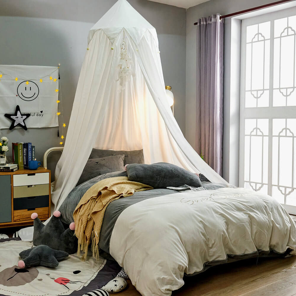 Kids Bed Canopy — Falbala Triangular Ruffle with Pom-Poms White