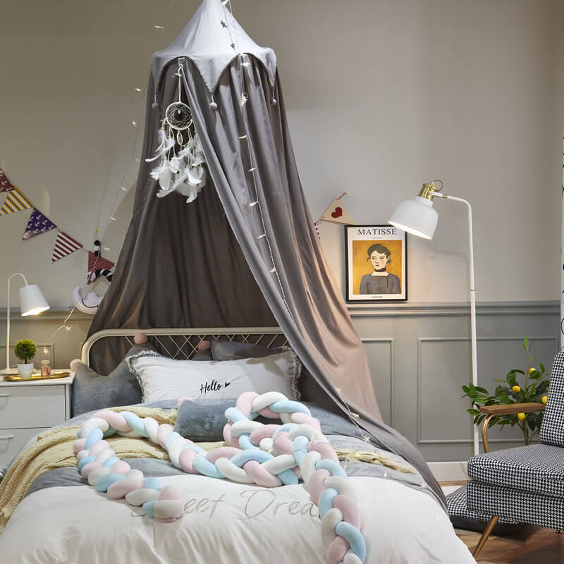 Kids Bed Canopy — Falbala Triangular Ruffle with Pom-Poms Grey