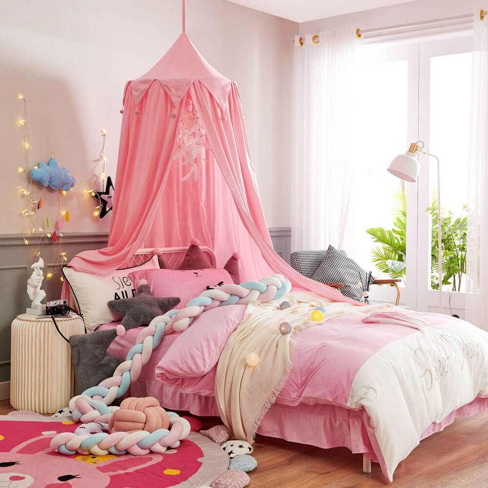 Kids Bed Canopy — Falbala Triangular Ruffle with Pom-Poms Pink