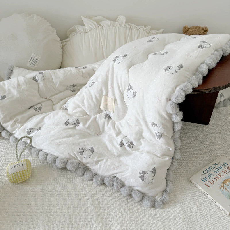 Cotton Comforter with Pom Pom Trim – Cat & Dog Prints