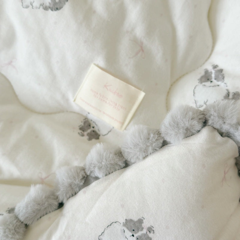 Cotton Comforter with Pom Pom Trim – Cat & Dog Prints