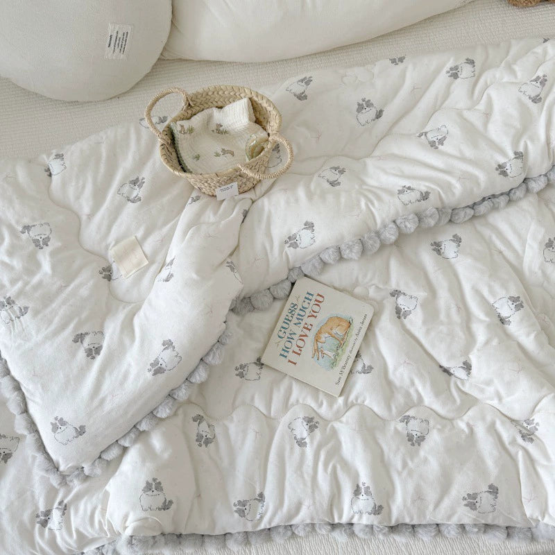 Cotton Comforter with Pom Pom Trim – Cat & Dog Prints