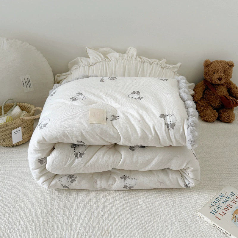 Cotton Comforter with Pom Pom Trim – Cat & Dog Prints