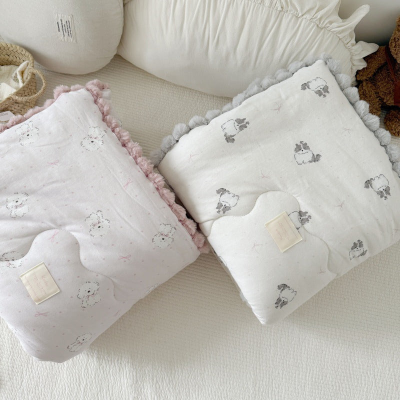 Cotton Comforter with Pom Pom Trim – Cat & Dog Prints