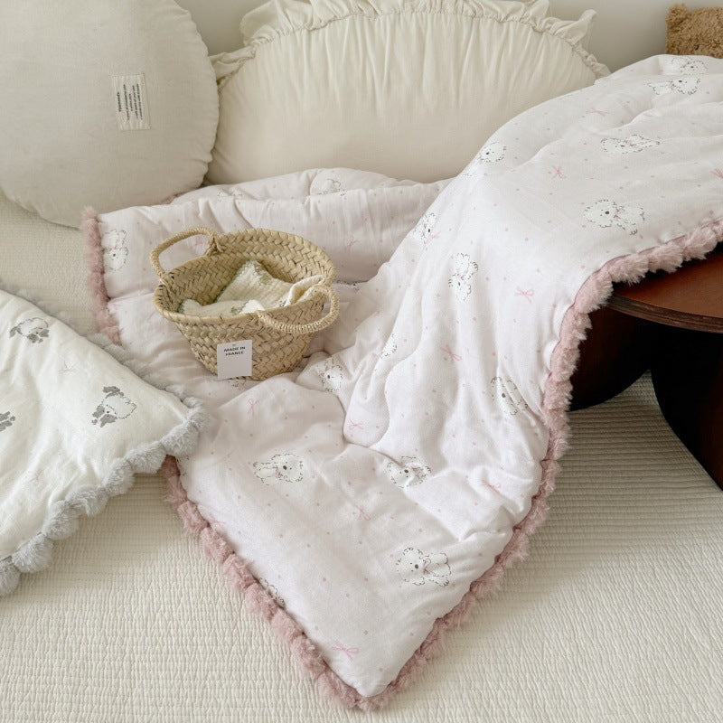 Cotton Comforter with Pom Pom Trim – Cat & Dog Prints