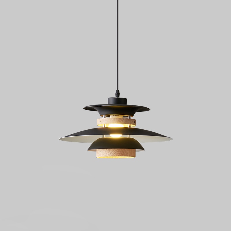 Kira Metal & Wood Layered LED Pendant Light Black with Natural Grain