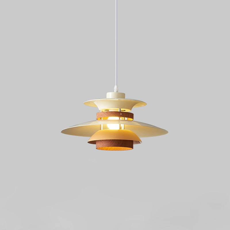 Kira Metal & Wood Layered LED Pendant Light Beige with Walnut Grain