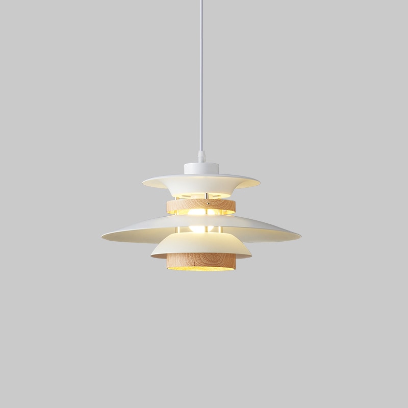 Kira Metal & Wood Layered LED Pendant Light White with Natural Grain