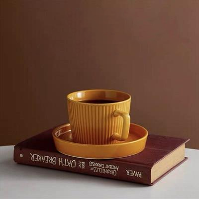 Kleen Coffee Ripple Ceramic Cups with Saucer Mustard
