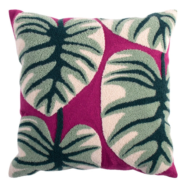 Knitted Floral Jungle Pillowcase Leaves on Fuschia