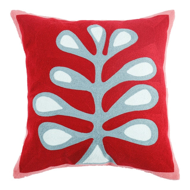 Knitted Floral Jungle Pillowcase Sky Leaves on Red