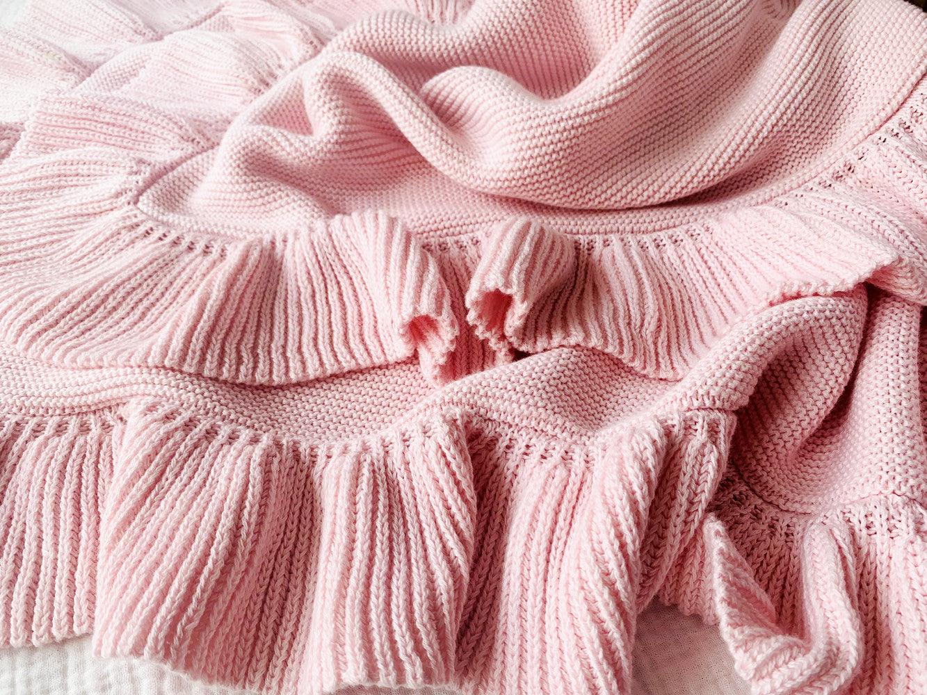 Knitted Ruffle Baby Blanket – Soft Cotton Crib Throw